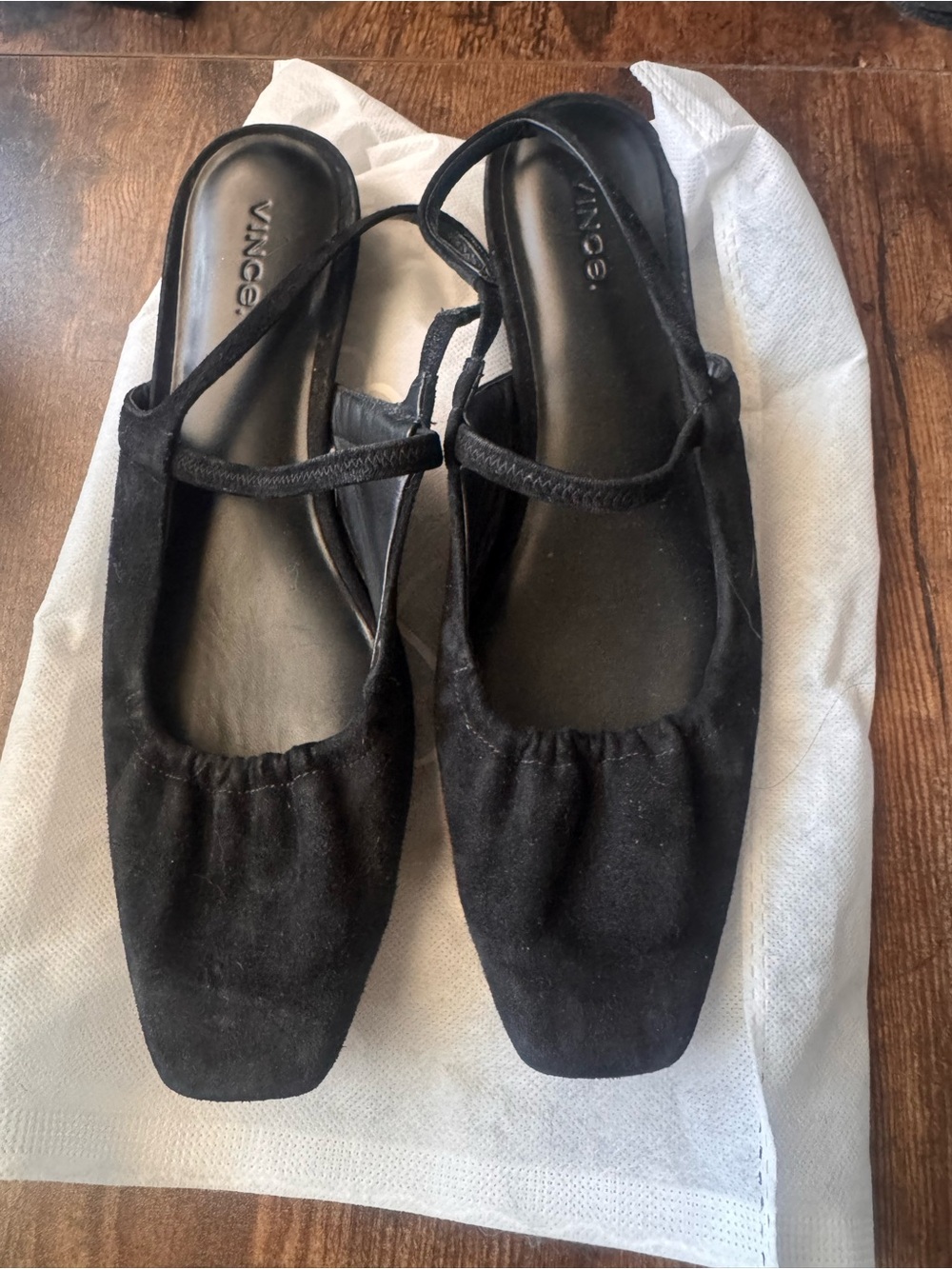 Vince Black Suede Square-Toe Slingback Flats with Elastic Topline
